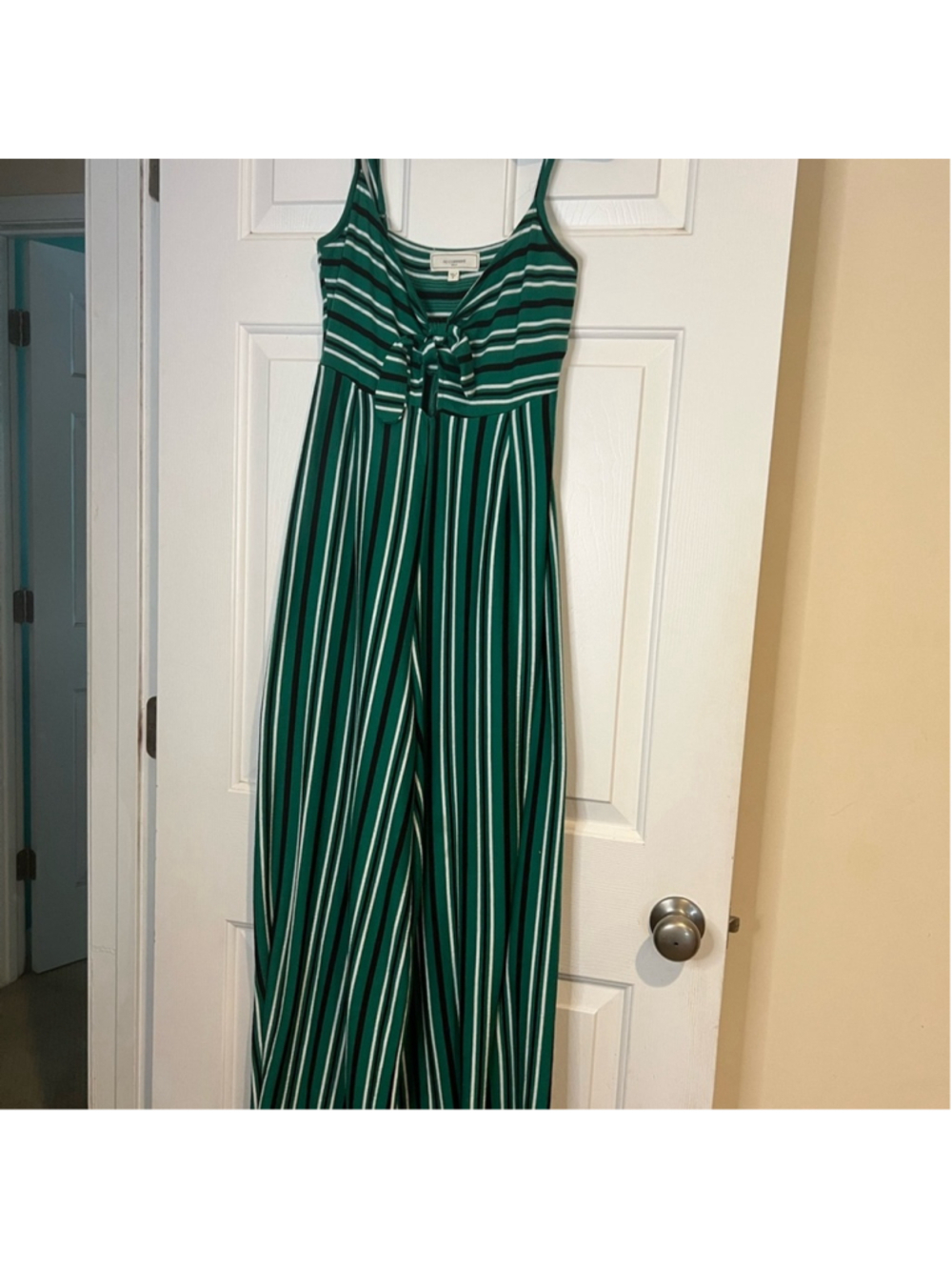 No Comment Wide Leg Green Striped Jumpsuit Adjustable Straps